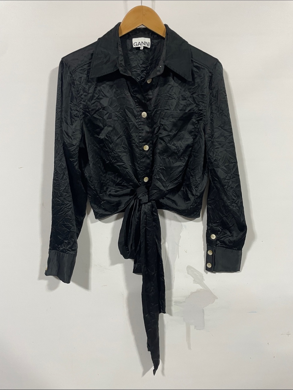Ganni Black Satin Tie-Front Button Down Shirt